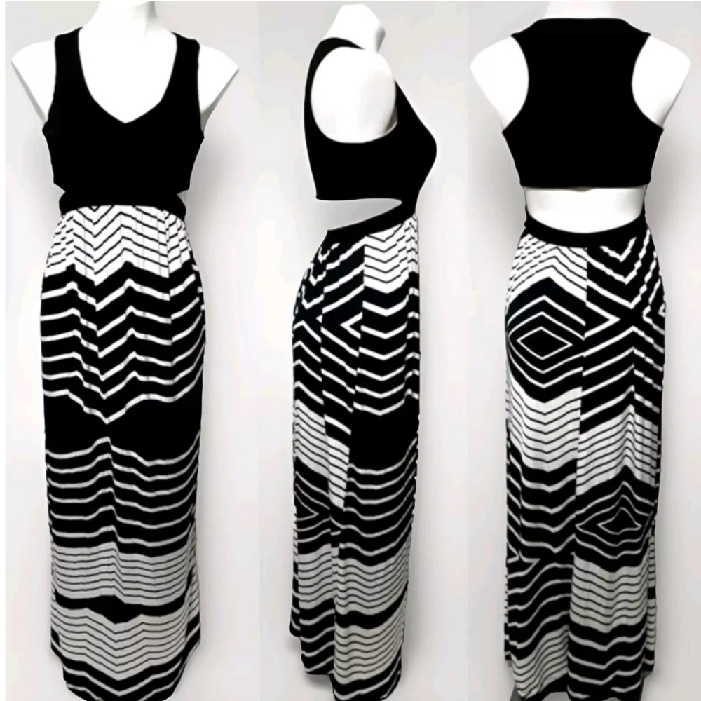 2B Bebe XS Sexy Cutout Back Sleeveless Maxi Dress Black White Geometric Print